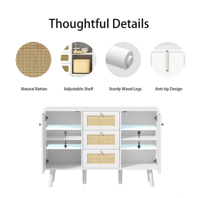 Anmytek Mid-Century Modern 47.2  W 2-Door White Buffet/Sideboard Rattan Storage Accent Cabinet with Drawers