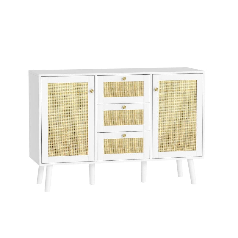 Anmytek Mid-Century Modern 47.2  W 2-Door White Buffet/Sideboard Rattan Storage Accent Cabinet with Drawers