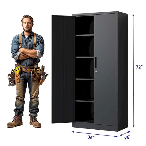 72H Metal Garage Storage Cabinet, Black Tool Steel Locking Cabinet with Doors and 4 Shelves