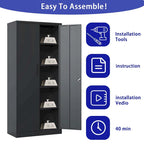 72H Metal Garage Storage Cabinet, Black Tool Steel Locking Cabinet with Doors and 4 Shelves