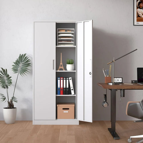 71H Metal Garage Storage Cabinet,White Tool Steel Locking Cabinet with Doors and 3 Adjustable Shelves