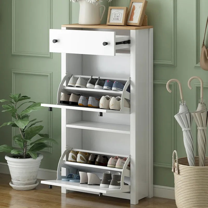 Entryway Organizer with 2 Flip Drawers, Wood Top Shoe Cabinet with Drawer, Free Standing Shoe Rack with Adjustable Panel, White