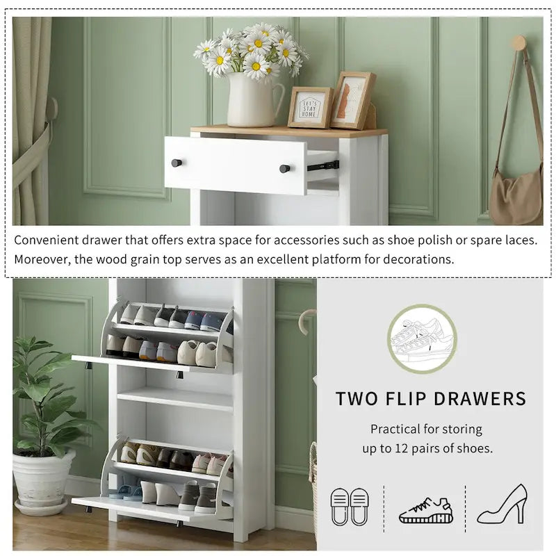 Entryway Organizer with 2 Flip Drawers, Wood Top Shoe Cabinet with Drawer, Free Standing Shoe Rack with Adjustable Panel, White