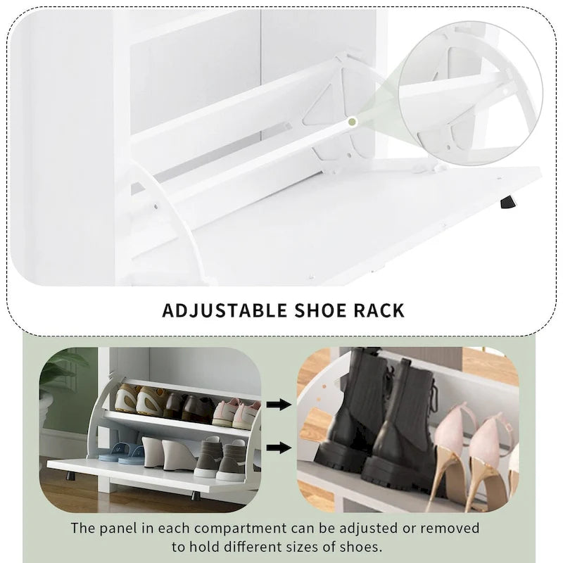 Entryway Organizer with 2 Flip Drawers, Wood Top Shoe Cabinet with Drawer, Free Standing Shoe Rack with Adjustable Panel, White