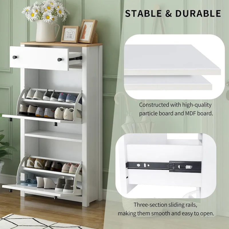 Entryway Organizer with 2 Flip Drawers, Wood Top Shoe Cabinet with Drawer, Free Standing Shoe Rack with Adjustable Panel, White
