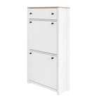 Entryway Organizer with 2 Flip Drawers, Wood Top Shoe Cabinet with Drawer, Free Standing Shoe Rack with Adjustable Panel, White
