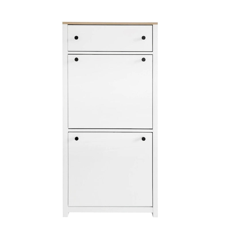 Entryway Organizer with 2 Flip Drawers, Wood Top Shoe Cabinet with Drawer, Free Standing Shoe Rack with Adjustable Panel, White