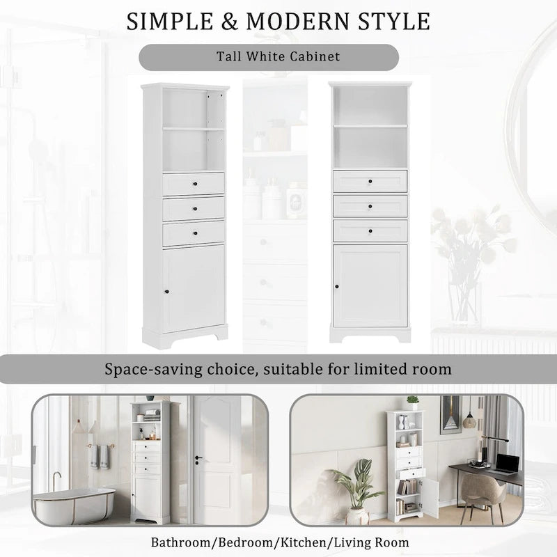 10 in. W x 22 in. D x 68.3 in. H White MDF Linen Cabinet with 3 Drawers and Adjustable Shelves