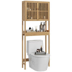 HOMCOM Bamboo Over the Toilet Storage Cabinet, Over Toilet Bathroom Organizer with Slatted Doors, Adjustable Shelf