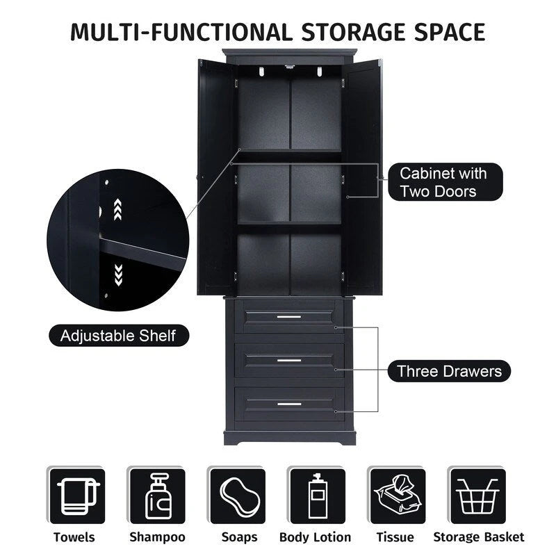 Freestanding Storage Cabinet with Two Doors, 3 Drawers, and Adjustable Shelves