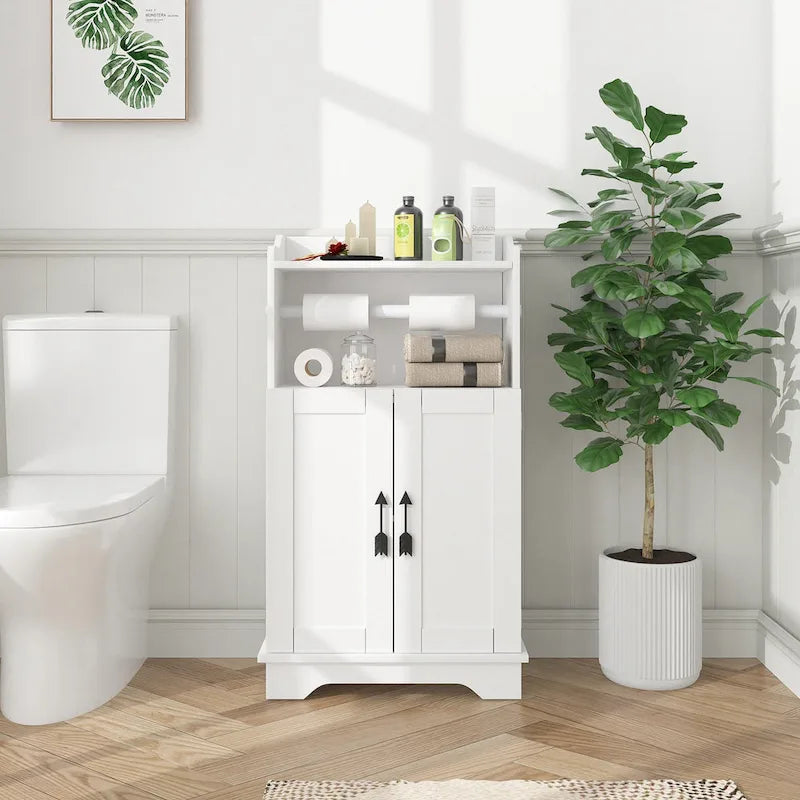 Javlego Bathroom Storage Cabinet, Wooden Floor Cabinet with 2 Doors and Toilet Roll Holder, Adjustable Shelf