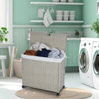 Laundry Hamper With Lid PE Rattan Powder Coating Frame Clothes Hampers with 02 Removable Bags, Wheels, 160L, Grey Color