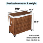 Laundry Hamper With Lid PE Rattan Powder Coating Frame Clothes Hampers with 02 Removable Bags, Wheels, 160L, Grey Color