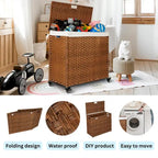 Laundry Hamper With Lid PE Rattan Powder Coating Frame Clothes Hampers with 02 Removable Bags, Wheels, 160L, Grey Color