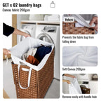 Laundry Hamper With Lid PE Rattan Powder Coating Frame Clothes Hampers with 02 Removable Bags, Wheels, 160L, Grey Color