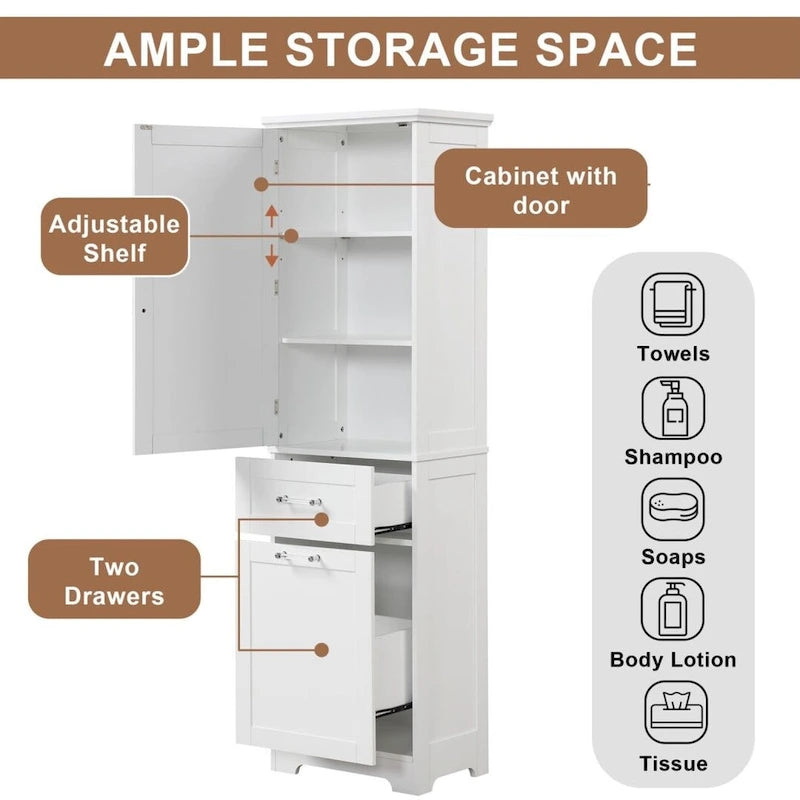 Tall Bathroom Storage Cabinet with Two Different Size Drawers and Adjustable Shelf Freestanding Storage Cabinet