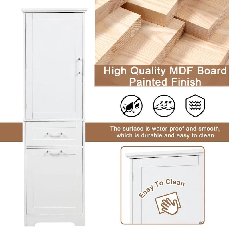 Tall Bathroom Storage Cabinet with Two Different Size Drawers and Adjustable Shelf Freestanding Storage Cabinet