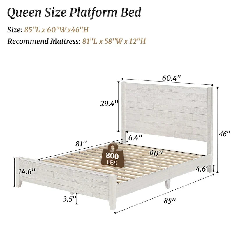 LUE BONA Pine Platform Bed with Distressed Headboard, Solid Wood Queen Bed Frame/King Bed Frame/Full Bed Frame