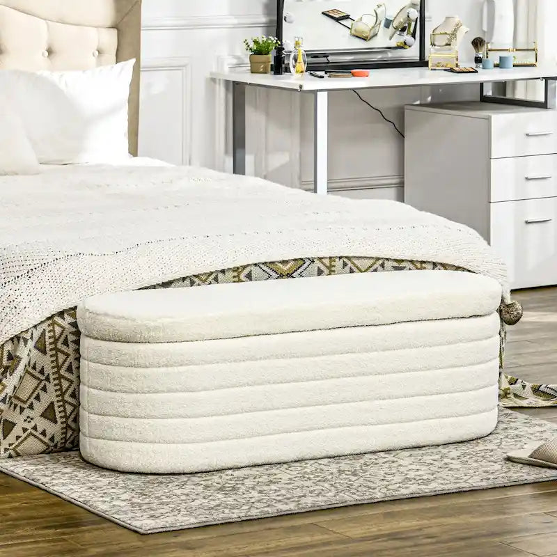 HOMCOM 46  Storage Ottoman Bench, Teddy Fleece Upholstered Boucle Storage Bench with Wood Frame, Bedroom Bench for Living Room