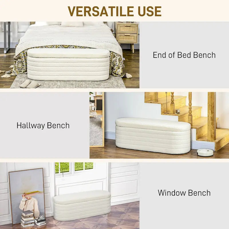 HOMCOM 46  Storage Ottoman Bench, Teddy Fleece Upholstered Boucle Storage Bench with Wood Frame, Bedroom Bench for Living Room