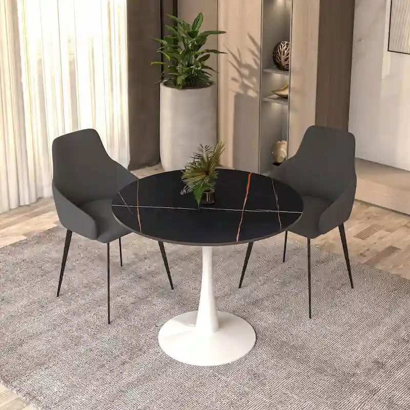 Bristol Round Dining Table for 4, 35  Sintered Stone Tabletop with White Stainless Steel Pedestal Base