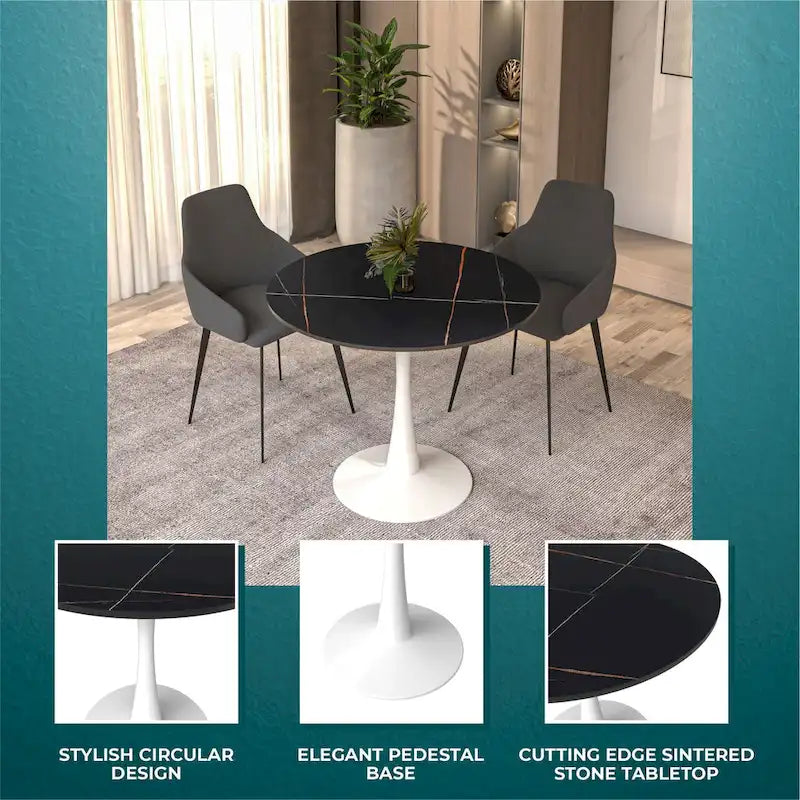 Bristol Round Dining Table for 4, 35  Sintered Stone Tabletop with White Stainless Steel Pedestal Base