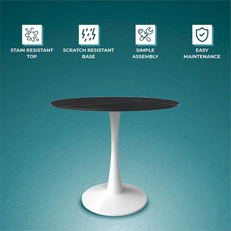 Bristol Round Dining Table for 4, 35  Sintered Stone Tabletop with White Stainless Steel Pedestal Base