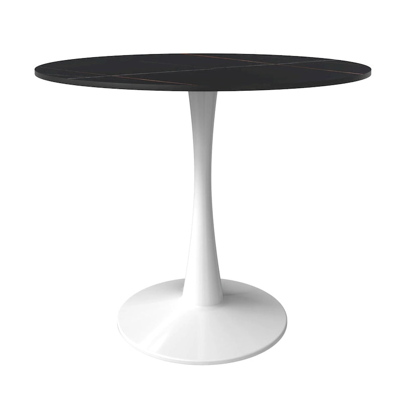 Bristol Round Dining Table for 4, 35  Sintered Stone Tabletop with White Stainless Steel Pedestal Base