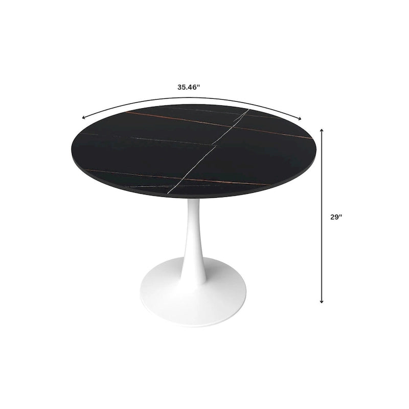 Bristol Round Dining Table for 4, 35  Sintered Stone Tabletop with White Stainless Steel Pedestal Base