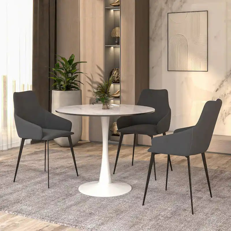 Bristol Round Dining Table for 4, 35  Sintered Stone Tabletop with White Stainless Steel Pedestal Base