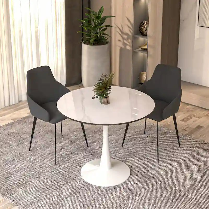 Bristol Round Dining Table for 4, 35  Sintered Stone Tabletop with White Stainless Steel Pedestal Base