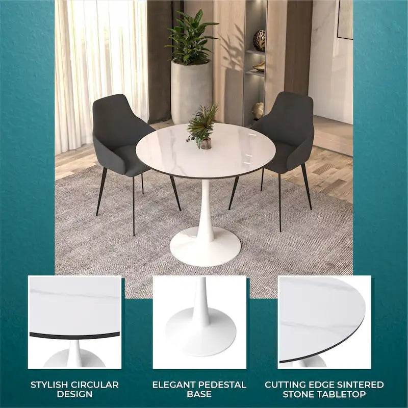 Bristol Round Dining Table for 4, 35  Sintered Stone Tabletop with White Stainless Steel Pedestal Base