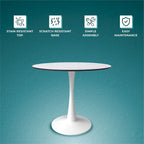 Bristol Round Dining Table for 4, 35  Sintered Stone Tabletop with White Stainless Steel Pedestal Base