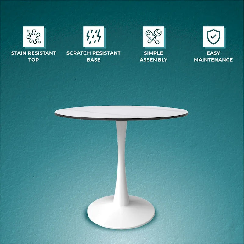 Bristol Round Dining Table for 4, 35  Sintered Stone Tabletop with White Stainless Steel Pedestal Base