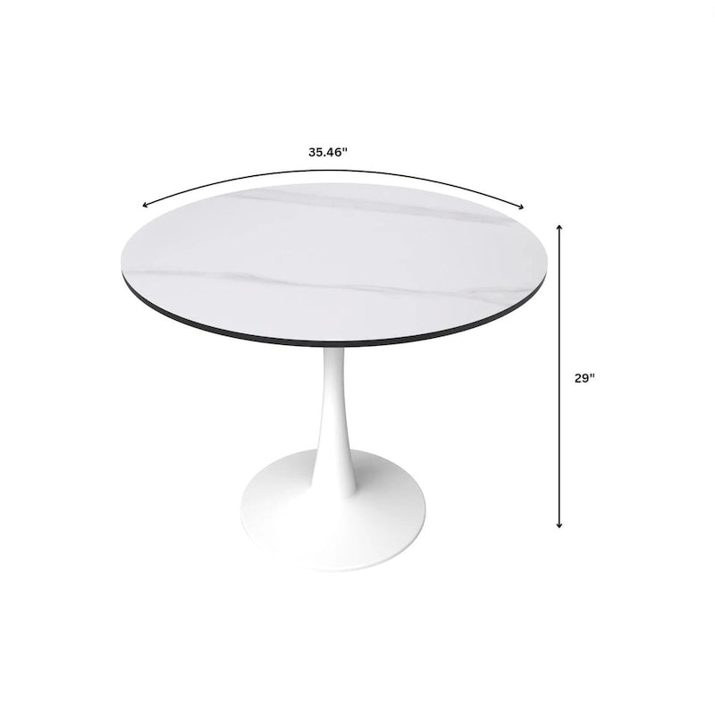 Bristol Round Dining Table for 4, 35  Sintered Stone Tabletop with White Stainless Steel Pedestal Base