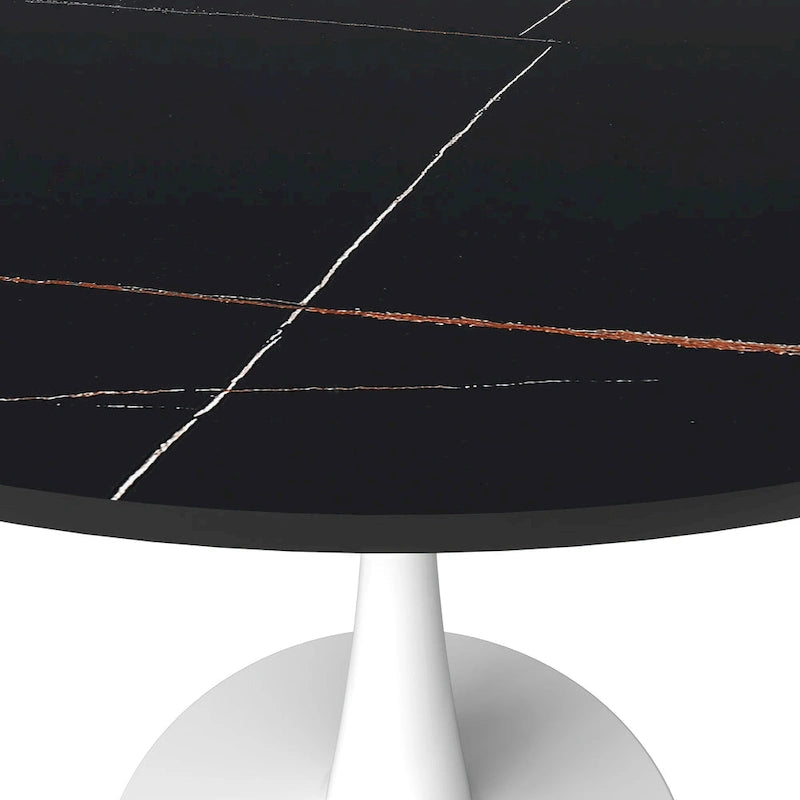 Bristol Round Dining Table for 4, 35  Sintered Stone Tabletop with White Stainless Steel Pedestal Base