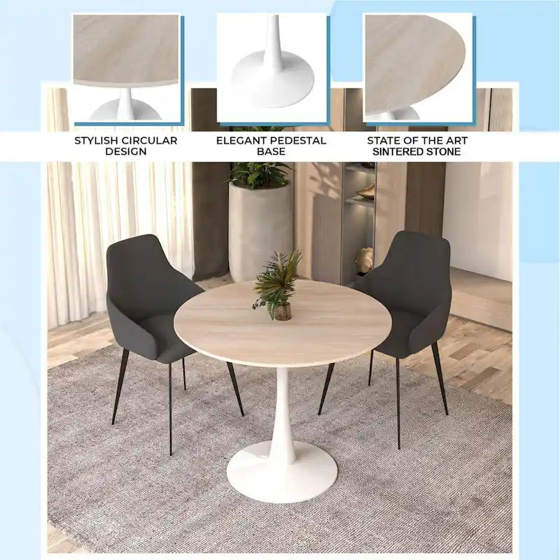 Bristol Round Dining Table for 4, 35  Sintered Stone Tabletop with White Stainless Steel Pedestal Base