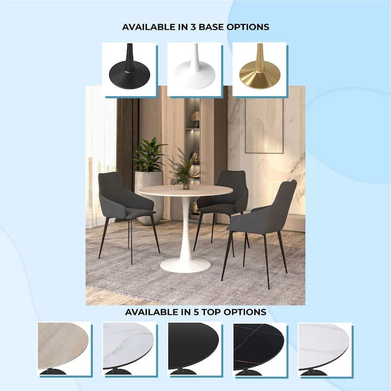 Bristol Round Dining Table for 4, 35  Sintered Stone Tabletop with White Stainless Steel Pedestal Base