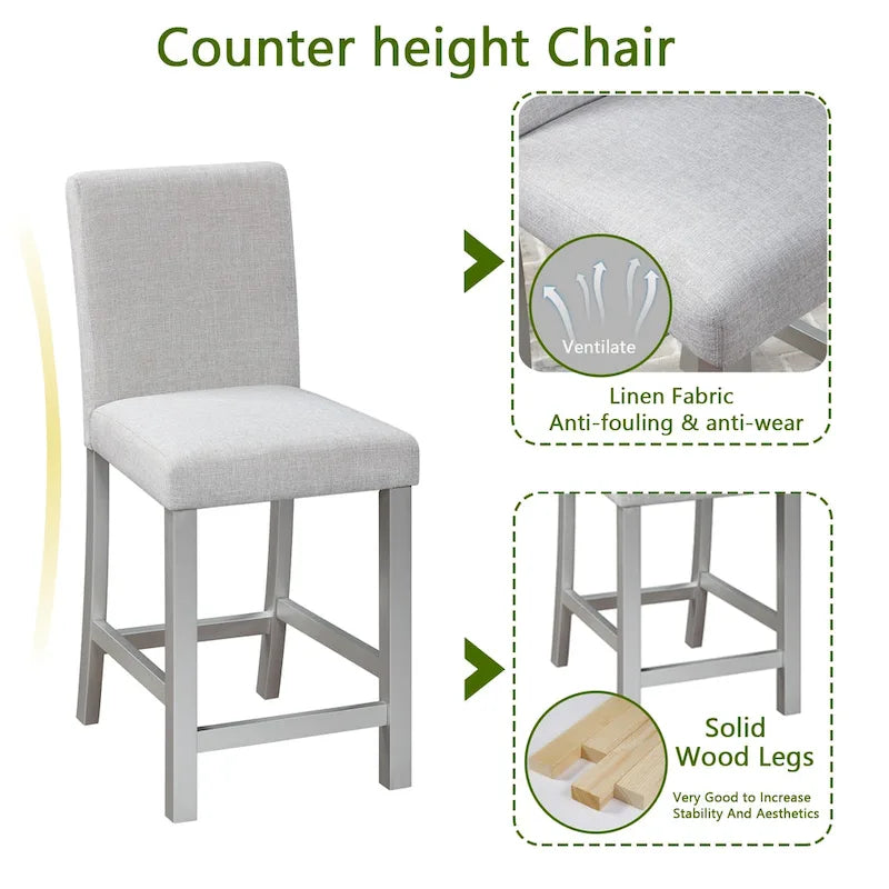 Modern 5-Piece Dining Set with Square Counter Height Table & 4 Upholstered Chairs