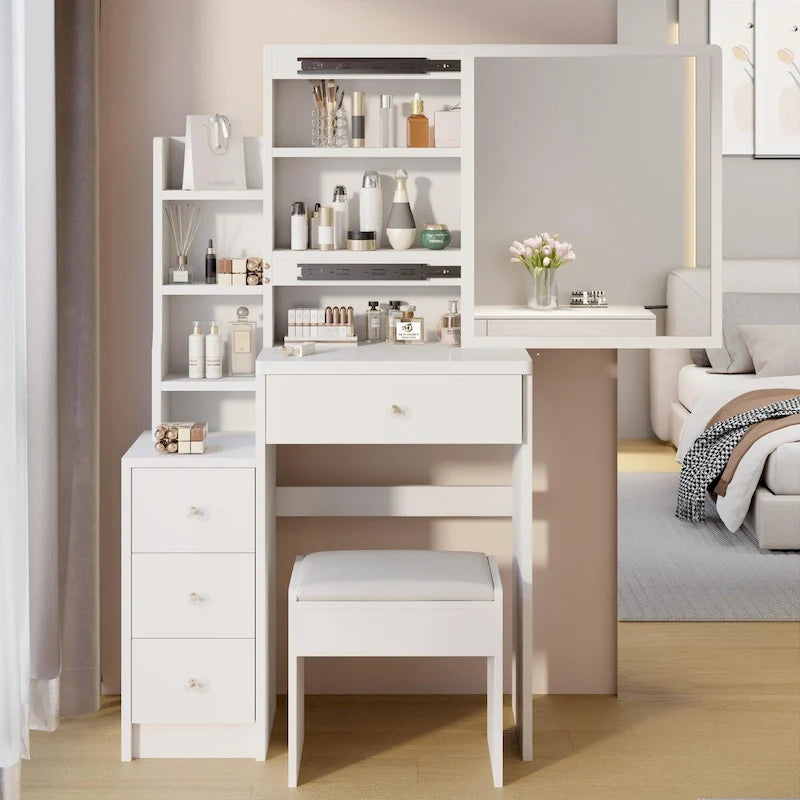 Small Space Vanity Table with Cushioned Stool