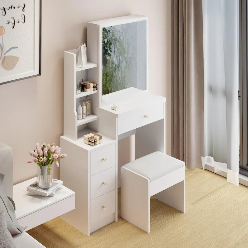 Small Space Vanity Table with Cushioned Stool