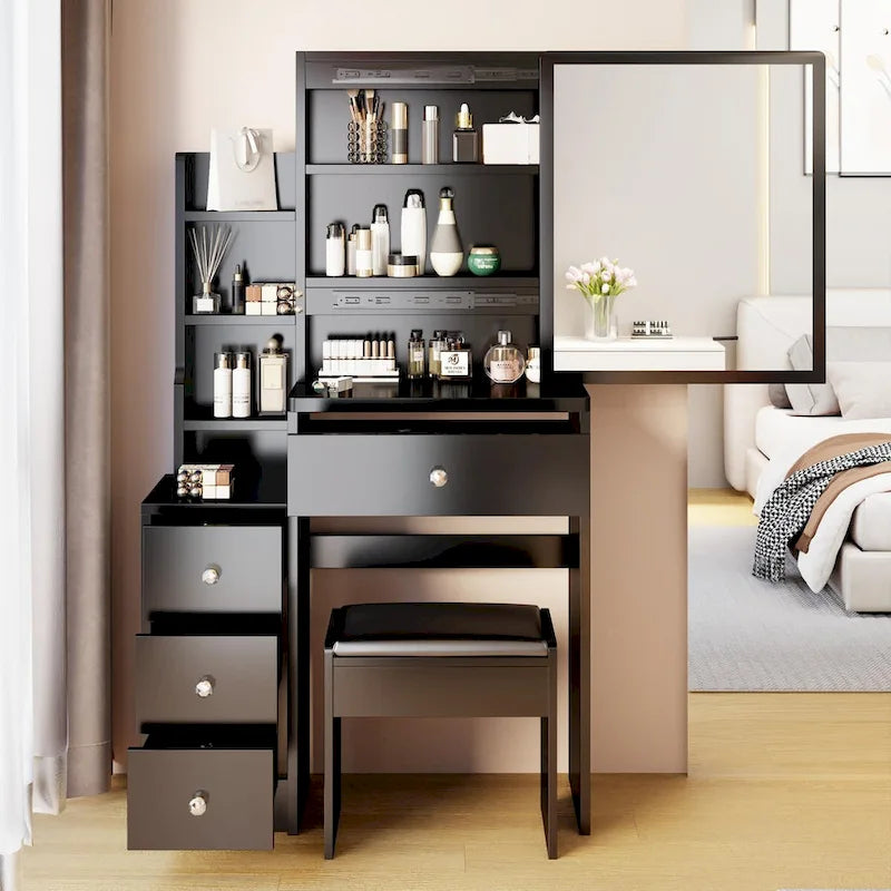 Small Space Vanity Table with Cushioned Stool