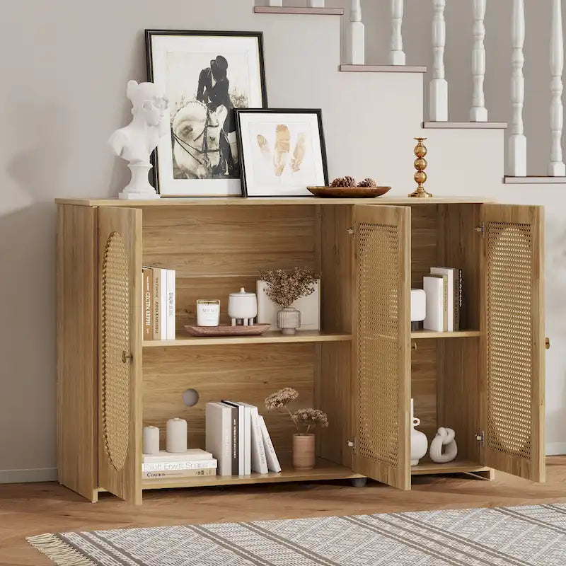 Rattan Doors and Metal Handles Sideboard with Large Storage Space