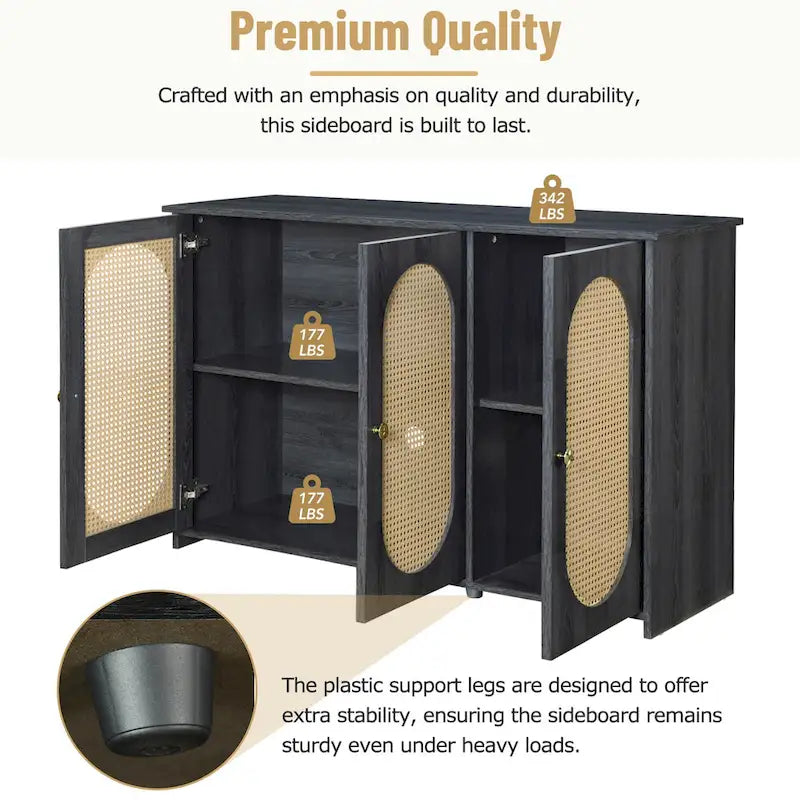 Rattan Doors and Metal Handles Sideboard with Large Storage Space