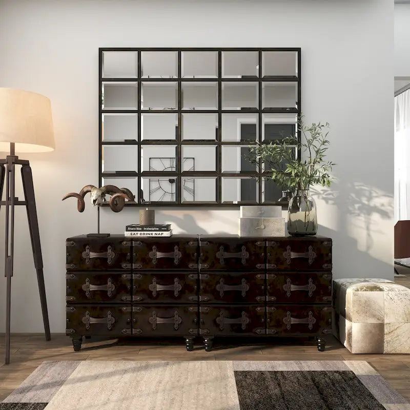 Wood Vintage Faux Leather Room Chest with Rivets and Straps Detailing - Black - Roche River Decor