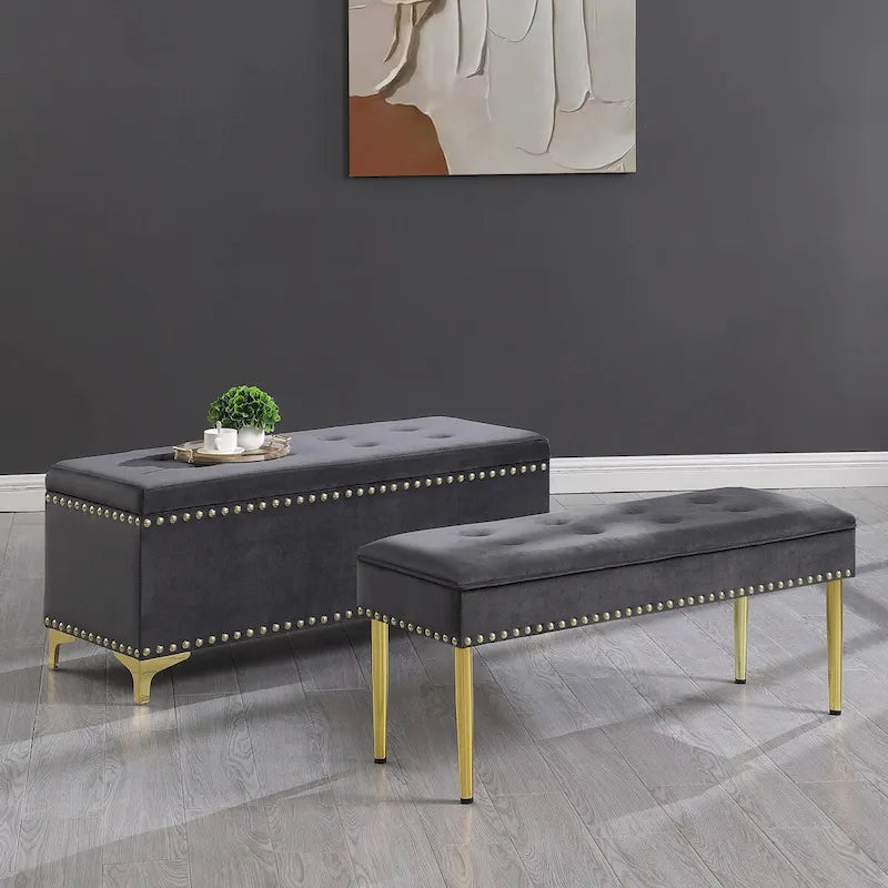 Large Storage Benches Set, Nailhead Trim 2 in 1 Combination Benches, Tufted Velvet Benches with Gold Leg, Support 250lbs