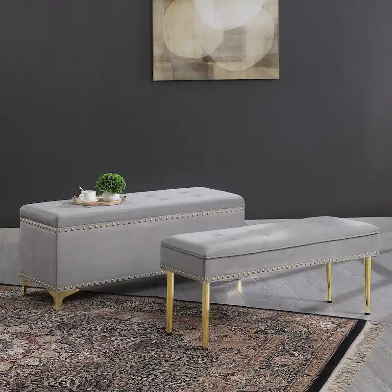 Large Storage Benches Set, Nailhead Trim 2 in 1 Combination Benches, Tufted Velvet Benches with Gold Leg, Support 250lbs