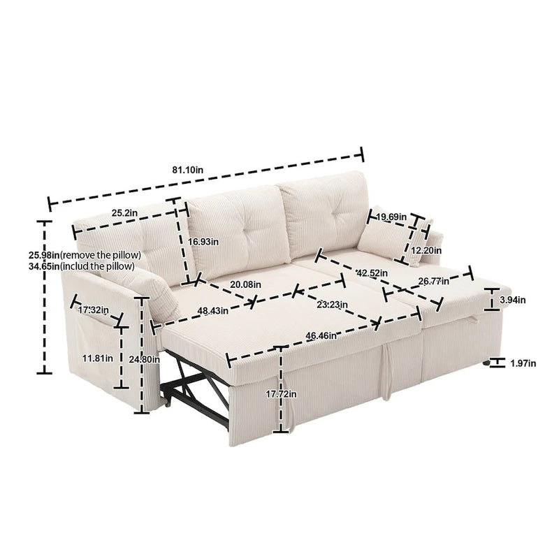 The L-shaped storage seat assembly sofa folds into a recliner