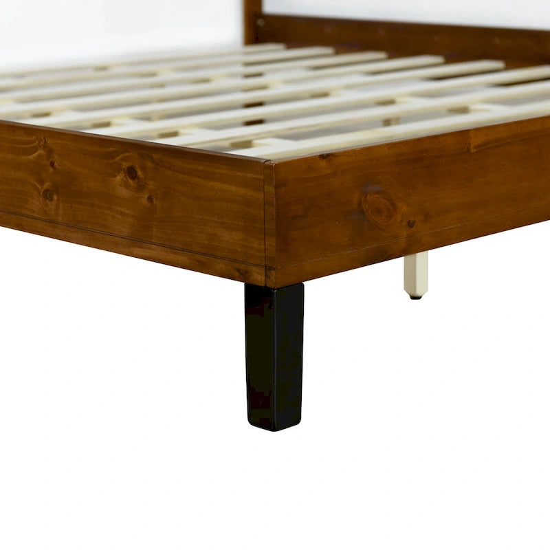 Mid-Century Modern Solid Wood Bed Frame Platform Bed with 3-Piece Headboard Design