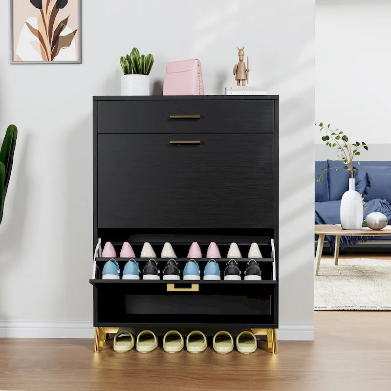 Shoe Storage Cabinet for Entryway, Free Standing Shoe Organizer with 2 Flip Drawers, Hidden Shoe Rack Storage Organizer